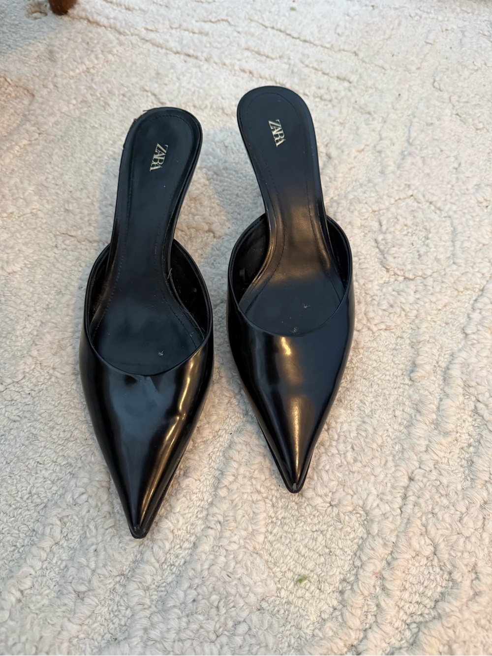 Zara Black Patent Pointed-Toe Mule Heels